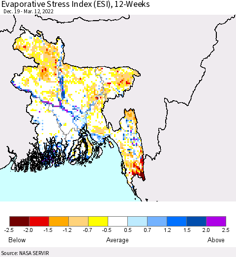 Bangladesh Evaporative Stress Index (ESI), 12-Weeks Thematic Map For 3/7/2022 - 3/13/2022