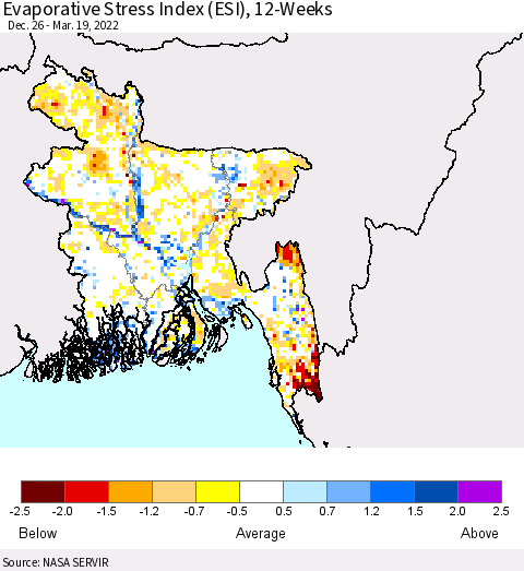 Bangladesh Evaporative Stress Index (ESI), 12-Weeks Thematic Map For 3/14/2022 - 3/20/2022