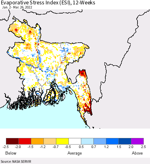 Bangladesh Evaporative Stress Index (ESI), 12-Weeks Thematic Map For 3/21/2022 - 3/27/2022