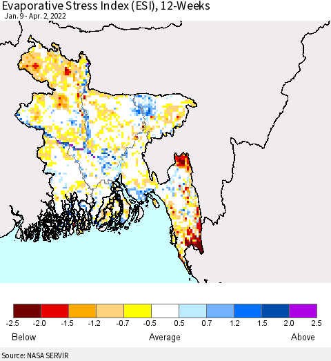 Bangladesh Evaporative Stress Index (ESI), 12-Weeks Thematic Map For 3/28/2022 - 4/3/2022