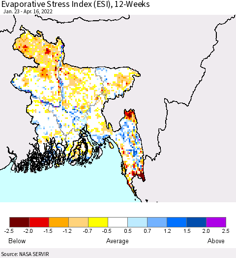 Bangladesh Evaporative Stress Index (ESI), 12-Weeks Thematic Map For 4/11/2022 - 4/17/2022