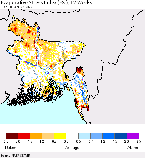 Bangladesh Evaporative Stress Index (ESI), 12-Weeks Thematic Map For 4/18/2022 - 4/24/2022