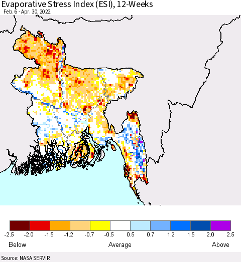 Bangladesh Evaporative Stress Index (ESI), 12-Weeks Thematic Map For 4/25/2022 - 5/1/2022