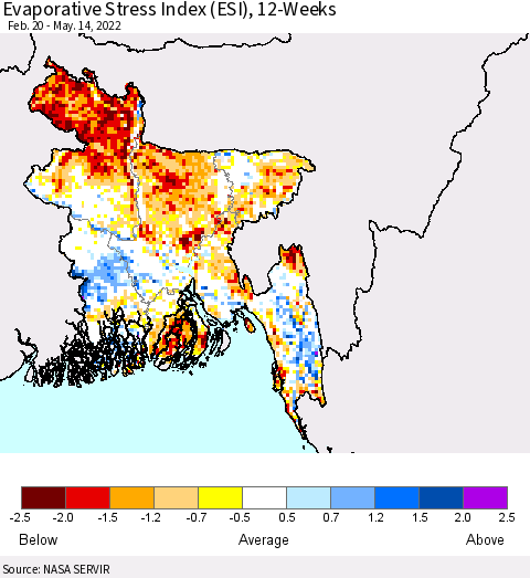 Bangladesh Evaporative Stress Index (ESI), 12-Weeks Thematic Map For 5/9/2022 - 5/15/2022
