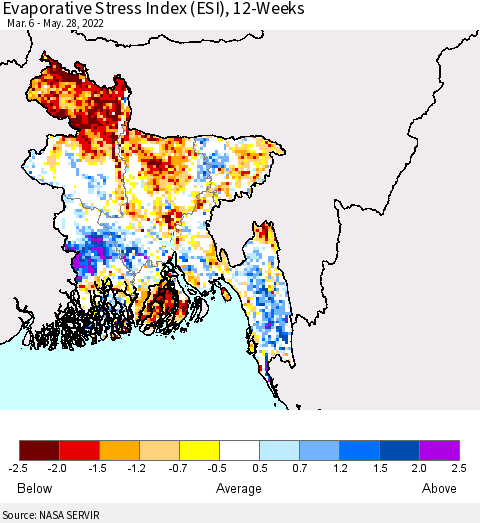 Bangladesh Evaporative Stress Index (ESI), 12-Weeks Thematic Map For 5/23/2022 - 5/29/2022