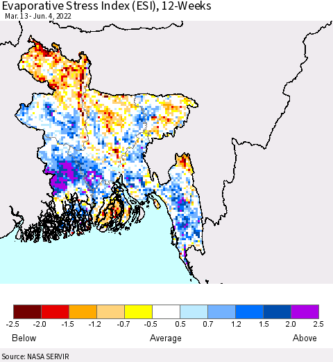 Bangladesh Evaporative Stress Index (ESI), 12-Weeks Thematic Map For 5/30/2022 - 6/5/2022