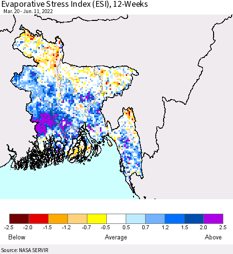Bangladesh Evaporative Stress Index (ESI), 12-Weeks Thematic Map For 6/6/2022 - 6/12/2022