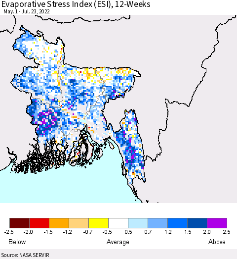 Bangladesh Evaporative Stress Index (ESI), 12-Weeks Thematic Map For 7/18/2022 - 7/24/2022