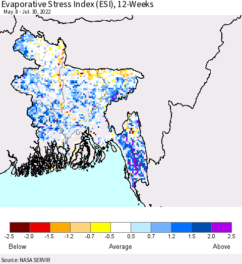 Bangladesh Evaporative Stress Index (ESI), 12-Weeks Thematic Map For 7/25/2022 - 7/31/2022