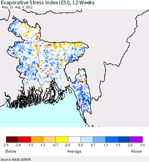Bangladesh Evaporative Stress Index (ESI), 12-Weeks Thematic Map For 8/1/2022 - 8/7/2022