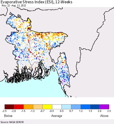 Bangladesh Evaporative Stress Index (ESI), 12-Weeks Thematic Map For 8/8/2022 - 8/14/2022