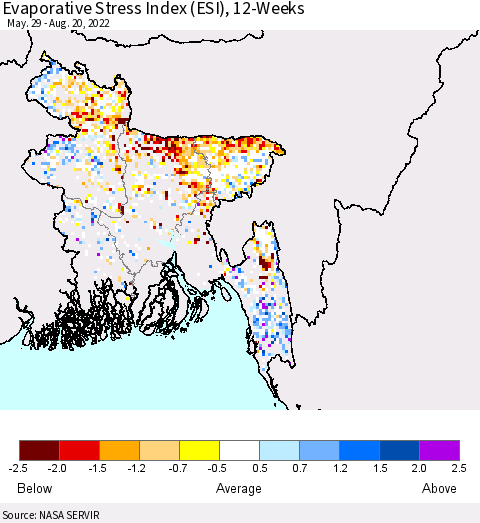 Bangladesh Evaporative Stress Index (ESI), 12-Weeks Thematic Map For 8/15/2022 - 8/21/2022