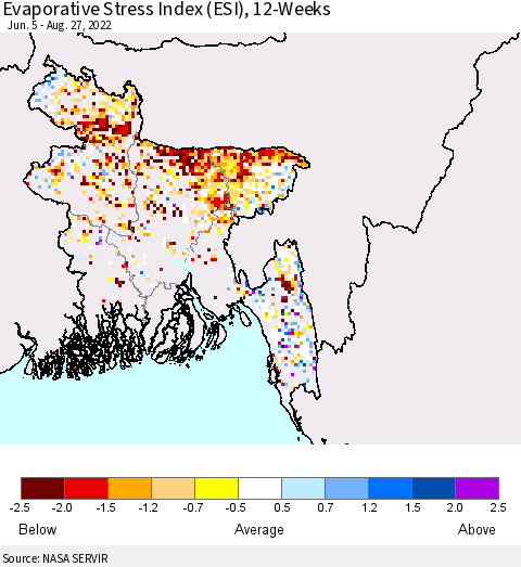 Bangladesh Evaporative Stress Index (ESI), 12-Weeks Thematic Map For 8/22/2022 - 8/28/2022
