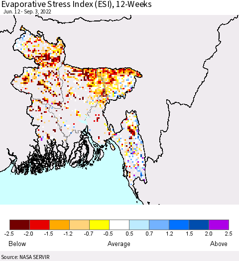 Bangladesh Evaporative Stress Index (ESI), 12-Weeks Thematic Map For 8/29/2022 - 9/4/2022