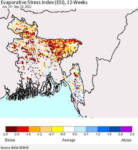 Bangladesh Evaporative Stress Index (ESI), 12-Weeks Thematic Map For 9/5/2022 - 9/11/2022
