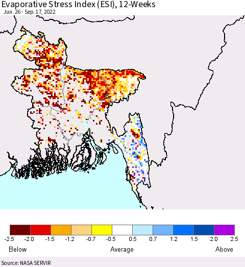 Bangladesh Evaporative Stress Index (ESI), 12-Weeks Thematic Map For 9/12/2022 - 9/18/2022