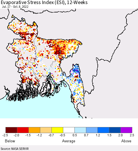 Bangladesh Evaporative Stress Index (ESI), 12-Weeks Thematic Map For 10/3/2022 - 10/9/2022