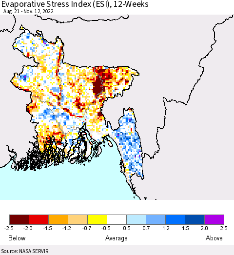 Bangladesh Evaporative Stress Index (ESI), 12-Weeks Thematic Map For 11/7/2022 - 11/13/2022