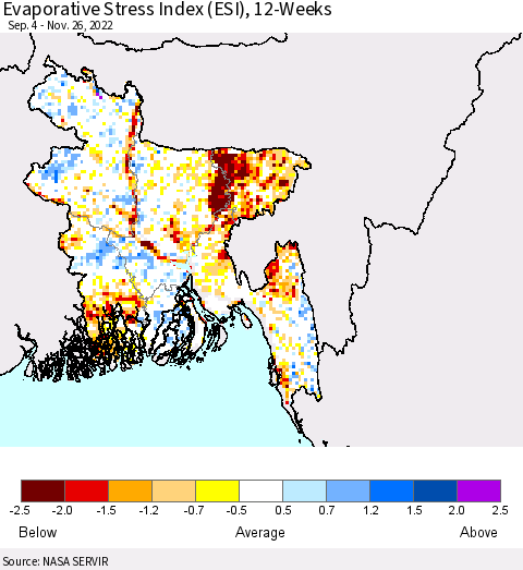 Bangladesh Evaporative Stress Index (ESI), 12-Weeks Thematic Map For 11/21/2022 - 11/27/2022