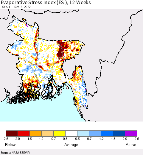 Bangladesh Evaporative Stress Index (ESI), 12-Weeks Thematic Map For 11/28/2022 - 12/4/2022