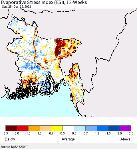 Bangladesh Evaporative Stress Index (ESI), 12-Weeks Thematic Map For 12/12/2022 - 12/18/2022