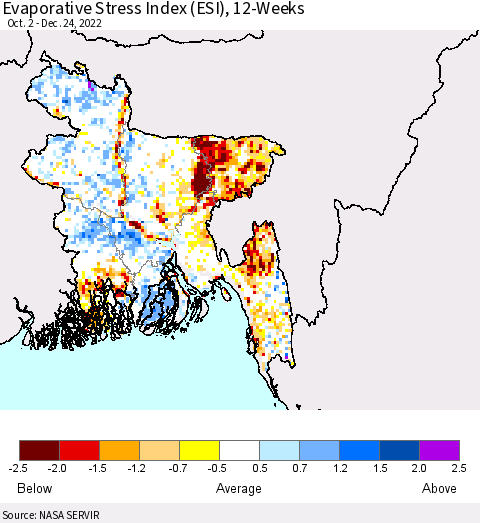 Bangladesh Evaporative Stress Index (ESI), 12-Weeks Thematic Map For 12/19/2022 - 12/25/2022