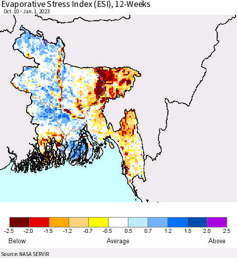 Bangladesh Evaporative Stress Index (ESI), 12-Weeks Thematic Map For 12/26/2022 - 1/1/2023
