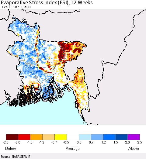 Bangladesh Evaporative Stress Index (ESI), 12-Weeks Thematic Map For 1/2/2023 - 1/8/2023