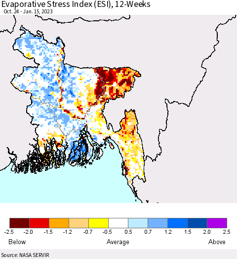 Bangladesh Evaporative Stress Index (ESI), 12-Weeks Thematic Map For 1/9/2023 - 1/15/2023
