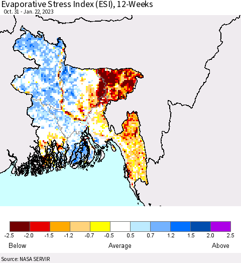 Bangladesh Evaporative Stress Index (ESI), 12-Weeks Thematic Map For 1/16/2023 - 1/22/2023