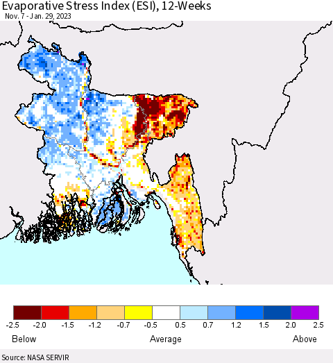 Bangladesh Evaporative Stress Index (ESI), 12-Weeks Thematic Map For 1/23/2023 - 1/29/2023