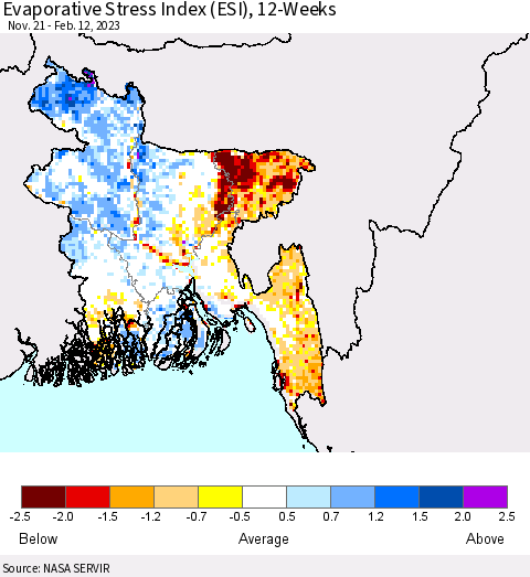 Bangladesh Evaporative Stress Index (ESI), 12-Weeks Thematic Map For 2/6/2023 - 2/12/2023