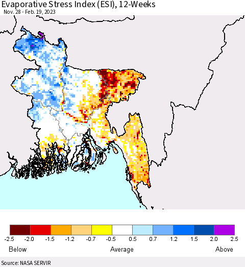 Bangladesh Evaporative Stress Index (ESI), 12-Weeks Thematic Map For 2/13/2023 - 2/19/2023