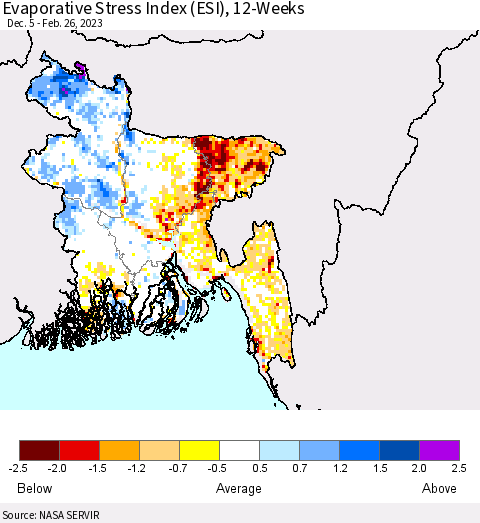 Bangladesh Evaporative Stress Index (ESI), 12-Weeks Thematic Map For 2/20/2023 - 2/26/2023