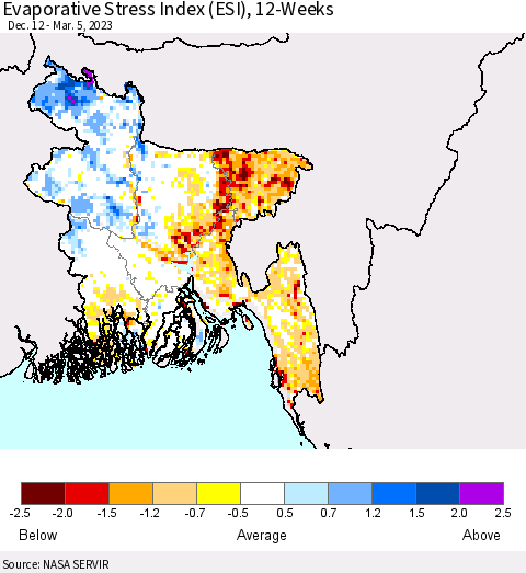 Bangladesh Evaporative Stress Index (ESI), 12-Weeks Thematic Map For 2/27/2023 - 3/5/2023