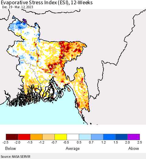 Bangladesh Evaporative Stress Index (ESI), 12-Weeks Thematic Map For 3/6/2023 - 3/12/2023