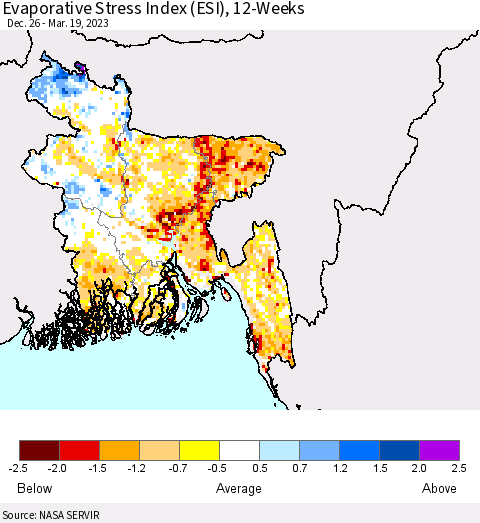 Bangladesh Evaporative Stress Index (ESI), 12-Weeks Thematic Map For 3/13/2023 - 3/19/2023