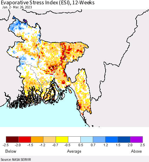 Bangladesh Evaporative Stress Index (ESI), 12-Weeks Thematic Map For 3/20/2023 - 3/26/2023