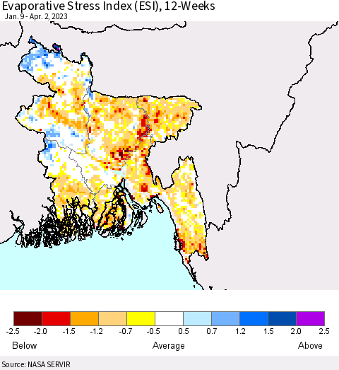 Bangladesh Evaporative Stress Index (ESI), 12-Weeks Thematic Map For 3/27/2023 - 4/2/2023