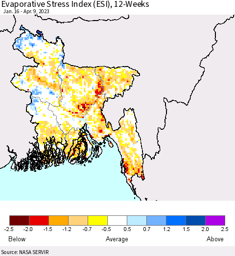 Bangladesh Evaporative Stress Index (ESI), 12-Weeks Thematic Map For 4/3/2023 - 4/9/2023