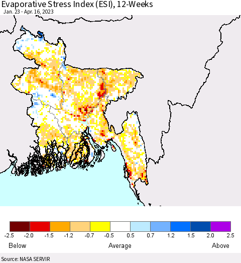 Bangladesh Evaporative Stress Index (ESI), 12-Weeks Thematic Map For 4/10/2023 - 4/16/2023