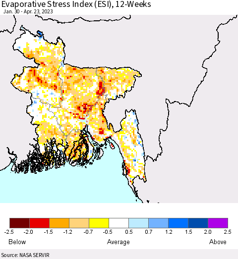 Bangladesh Evaporative Stress Index (ESI), 12-Weeks Thematic Map For 4/17/2023 - 4/23/2023