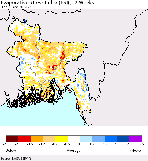 Bangladesh Evaporative Stress Index (ESI), 12-Weeks Thematic Map For 4/24/2023 - 4/30/2023