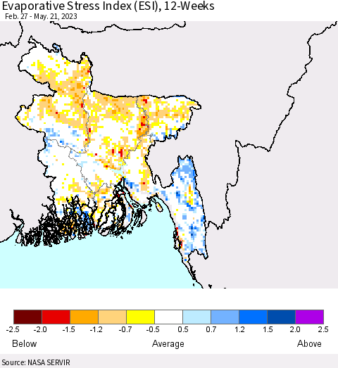 Bangladesh Evaporative Stress Index (ESI), 12-Weeks Thematic Map For 5/15/2023 - 5/21/2023