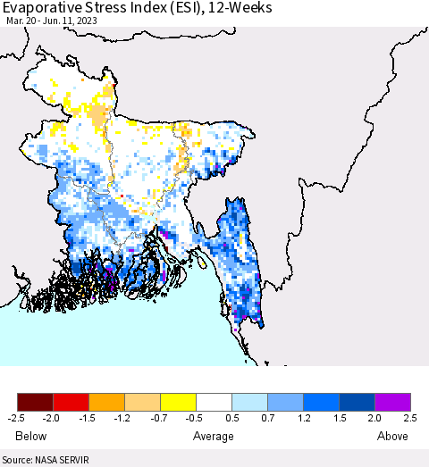 Bangladesh Evaporative Stress Index (ESI), 12-Weeks Thematic Map For 6/5/2023 - 6/11/2023