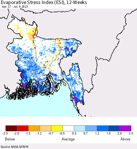 Bangladesh Evaporative Stress Index (ESI), 12-Weeks Thematic Map For 7/3/2023 - 7/9/2023
