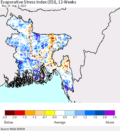 Bangladesh Evaporative Stress Index (ESI), 12-Weeks Thematic Map For 7/31/2023 - 8/6/2023