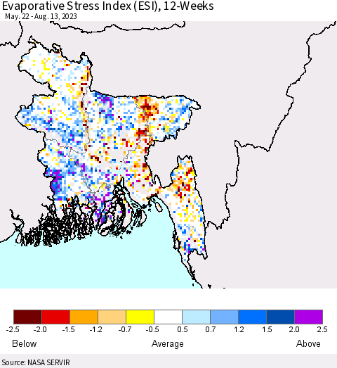 Bangladesh Evaporative Stress Index (ESI), 12-Weeks Thematic Map For 8/7/2023 - 8/13/2023