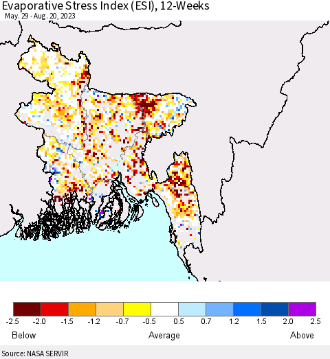 Bangladesh Evaporative Stress Index (ESI), 12-Weeks Thematic Map For 8/14/2023 - 8/20/2023