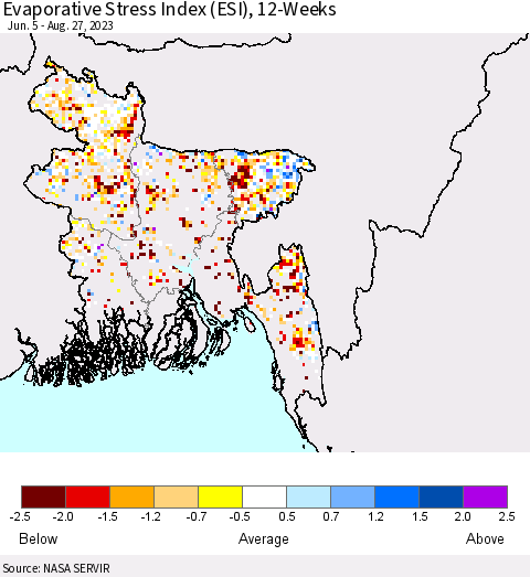 Bangladesh Evaporative Stress Index (ESI), 12-Weeks Thematic Map For 8/21/2023 - 8/27/2023